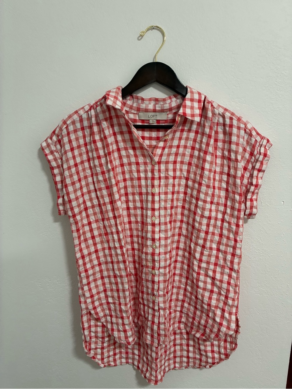 LOFT Red and White Gingham Short-Sleeve Button-Down Shirt